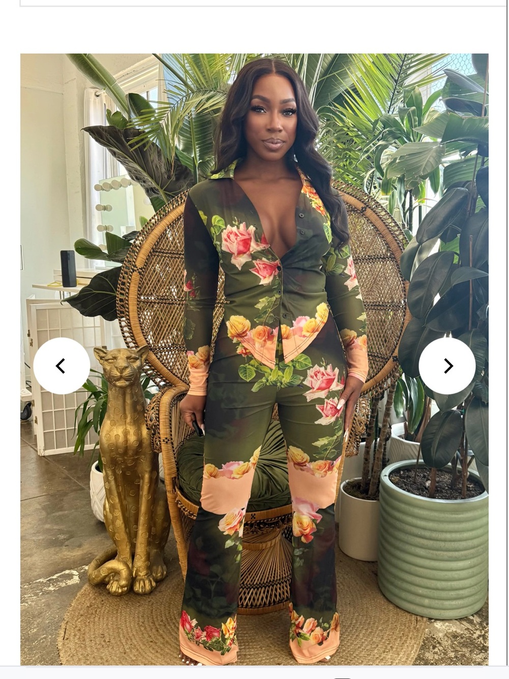 Floral Sheer Two-Piece Set in Dark Green and Peach